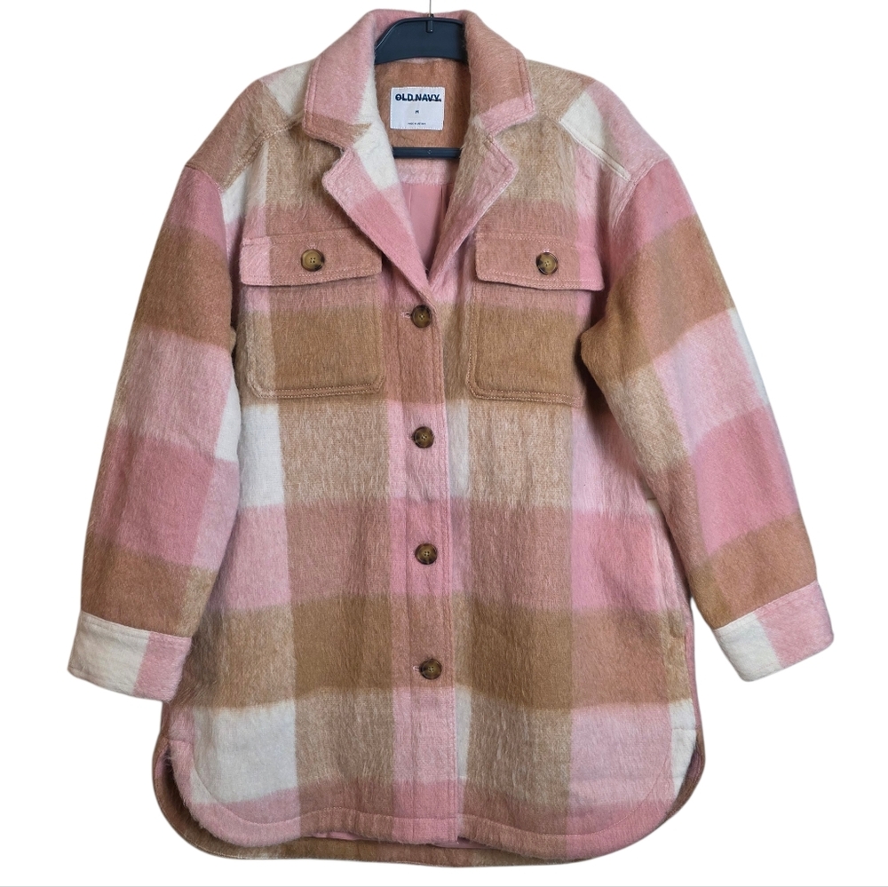 Old Navy Medium Plaid Flannel Long Utility Shacket Jacket Tan Pink New